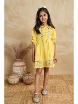 Lagorii - Girls Yellow Cotton Embroidered Dress