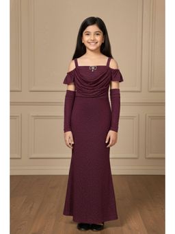 Lagorii - Girls Maroon Lycra Embellished Gown with Pair of Arm Sleeves
