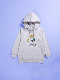 KiddoPanti - Boys Grey Fleece Printed Hoodie