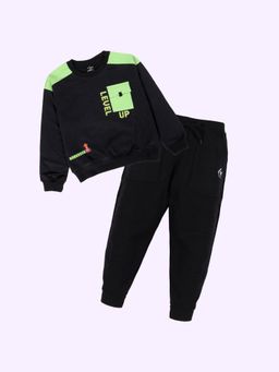 KiddoPanti - Boys Black Fleece Printed Sweatshirt with Joggers