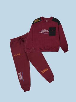 KiddoPanti - Boys Red Fleece Printed Sweatshirt with Joggers