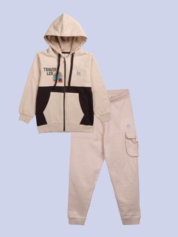 KiddoPanti - Boys Beige Fleece Printed Sweatshirt with Joggers
