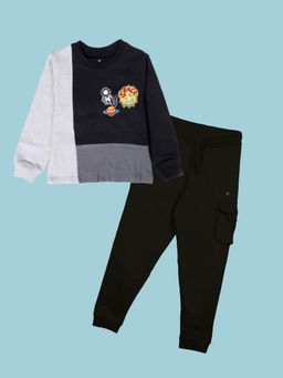 KiddoPanti - Boys Black Fleece Colorblock Sweatshirt with Joggers