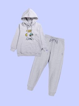 KiddoPanti - Boys Grey Fleece Printed Hoodie with Joggers