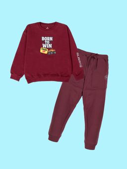 KiddoPanti - Boys Maroon Fleece Printed Sweatshirt with Joggers