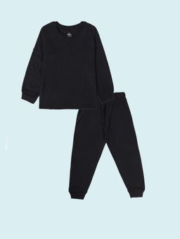 KiddoPanti - Unisex Black Cotton Solid Thermal T-Shirt with Thermal Pant