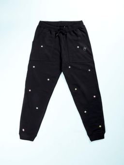 KiddoPanti - Girls Black Fleece Embellished Joggers