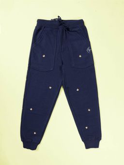 KiddoPanti - Girls Navy Blue Fleece Embellished Joggers