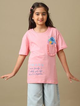Kidsville - Official Lilo & Stitch Printed Relaxed Cotton Tshirt with Pockets For Girls
