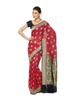 Banarasi Silk Works - Women Maroon Pure Saree with Unstitched Blouse