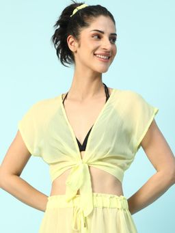 Oxolloxo - Womens Moody Solid Yellow Tie-Up Knot Detail Beachwear Crop Top