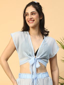 Oxolloxo - Womens Flowing Solid Blue Short Sleeve Tie-Up Knot Detail Beachwear Crop Top