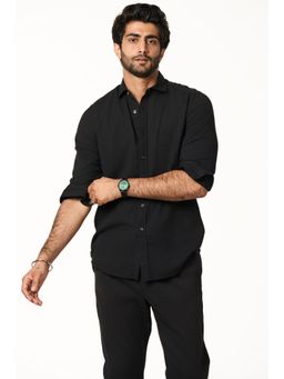 TERRA LUNA - Men Sola Black Solid Collar Neck Khadi Shirt