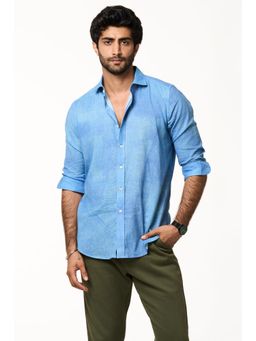 TERRA LUNA - Men Sola Blue Solid Collar Neck Khadi Shirt