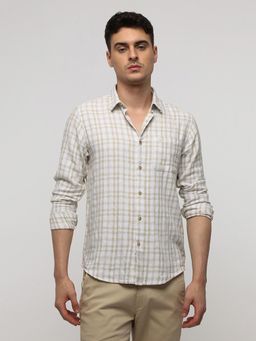 Crocodile - Men Comfort Fit White Checkered Natural Plaid Linen Blend Shirt