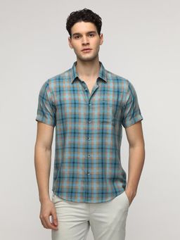 Crocodile - Men Blue Cotton Blend Checked Shirt