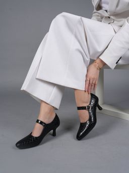 MOZAFIA - Women Black Laser Cut Design Formal Block Sandal Heels