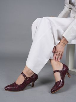 MOZAFIA - Women Maroon Laser Cut Design Formal Block Sandal Heels