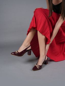 MOZAFIA - Women Maroon Western Embellished Formal Block Sandal Heels