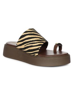 Viviblu - Women Black Beige Zebra Leather Platform Sandals