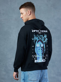 Bewakoof - Men's Black Open Your Mind Graphic Printed Oversized Hoodies