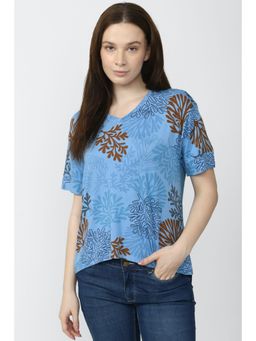 Van Heusen - Women Blue Print Casual V Neck Top