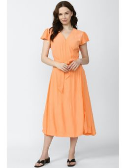 Van Heusen - Women Orange Solid Midi Casual Dress with Belt (Set of 2)