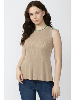 Van Heusen - Women Beige Solid Casual Round Neck Top