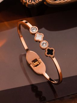 Designs & You - Stainless Steel Rose Gold Plated Mother Of Pearls Leaf Clover Bracelet