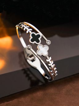 Designs & You - Stainless Steel Silver Plated Mother Of Pearls Two Clover Leaf Irish Design Bracelet