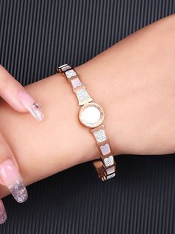 Designs & You - Stainless Steel Rose Gold Plated Mother Of Pearl Roman Numerals Ad Studded Bracelet