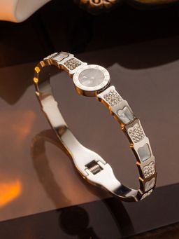 Designs & You - Stainless Steel Silver Plated Mother Of Pearl Roman Numerals Ad Studded Bracelet