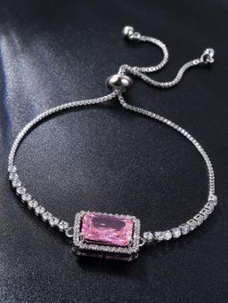 Designs & You - Silver Plated Rectangular Pink Crystal Studded Matrix Tennis Bracelet