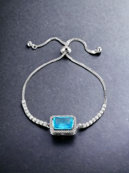 Designs & You - Silver Plated Rectangular Sky Blue Crystal Studded Matrix Tennis Bracelet