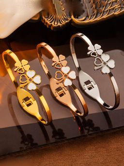 Designs & You - Gold, Rose Gold And Silver Mother Of Pearls Dual Flower Openable Floral Bracelet