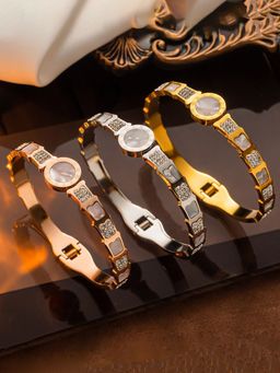 Designs & You - Gold, Rose Gold And Silver Mother Of Pearl Roman Numerals Ad Studded Bracelet