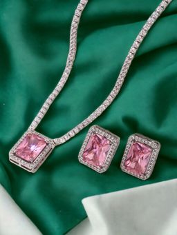 Designs & You - Silver Plated Pink Crystal Studded Rectangular Colourful Ad Jewellery Set