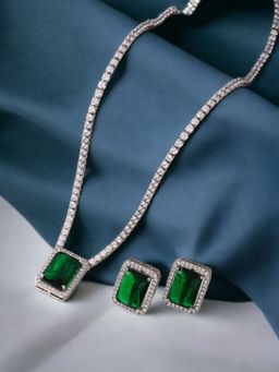 Designs & You - Silver Plated Green Crystal Studded Rectangular Colourful Ad Jewellery Set