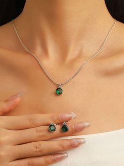 Designs & You - Silver Plated Green Cz Stone Studded Colourful Jewellery Set