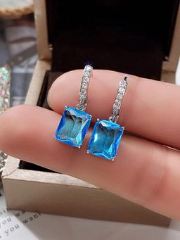Designs & You - Silver Plated Blue Rectangular American Diamond Studded Crushed Ice Cut Drop Earrings