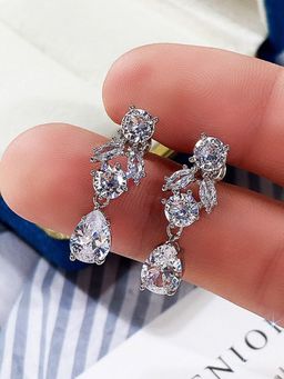 Designs & You - Silver Plated American Diamond Contemporary Crushed Ice Cut Drop Earrings