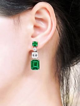 Designs & You - Silver Plated American Diamond Green Geometrical Crushed Ice Cut Drop Earrings