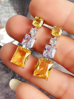 Designs & You - Silver Plated American Diamond Yellow Geometrical Crushed Ice Cut Drop Earrings