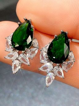 Designs & You - Silver Plated American Diamond Green Crushed Ice Cut Drop Earrings