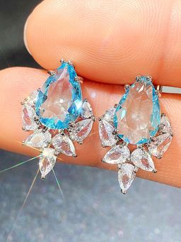 Designs & You - Silver Plated American Diamond Blue Crushed Ice Cut Drop Earrings