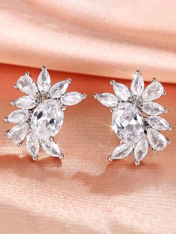 Designs & You - Silver Plated American Diamond Studded Crushed Ice Cut Stud Earrings
