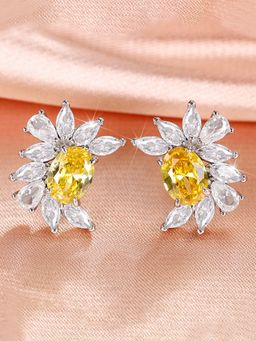Designs & You - Silver Plated American Diamond Studded Yellow Crushed Ice Cut Stud Earrings