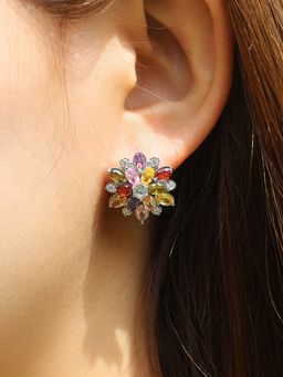 Designs & You - Silver Plated American Diamond Studded Floral Multicolour Stud Earrings
