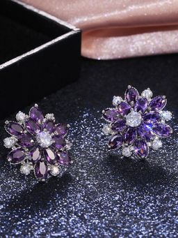 Designs & You - Silver Plated American Diamond Studded Floral Purple Stud Earrings