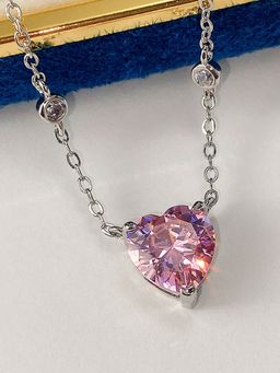 Designs & You - Silver Plated American Diamond Studded Pink Heart Shape Pendant